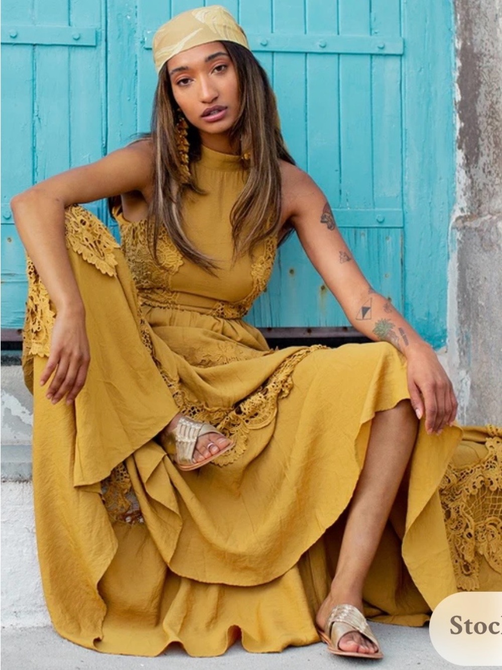 Joyfolie Mustard Yellow Lace Halter Maxi Dress Sz XXS NWT Open Back Boho - Picture 5 of 16